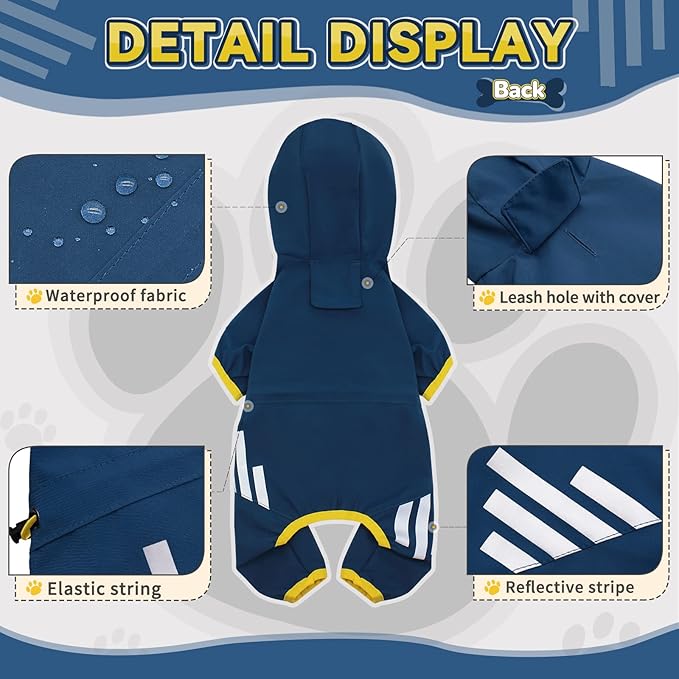 Dog Raincoat, Waterproof Dog Rain Jacket with Hood, Rain Coat with Leash Hole, Reflective Strap for Small Medium Dogs, Lightweight Puppy Clothes(Blue,M)