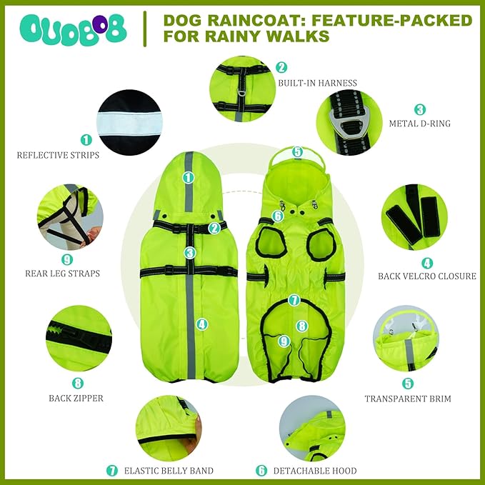 Dog Rain Jacket for Medium Dogs Waterproof with Hood, Reflective Dog Rain Coat with Adjustable Built-in Harness & Back Zipper, for Rainy Walks, Muddy Roads - Fluorescent Green M