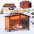 Heated Dog House Outdoor, Insulated Dog Kennel with Heating Pad for Winter, Weatherproof Dog Shelter with Anti-Chewing Metal Frame and Bowls for Small Medium Large Dogs (Brown)