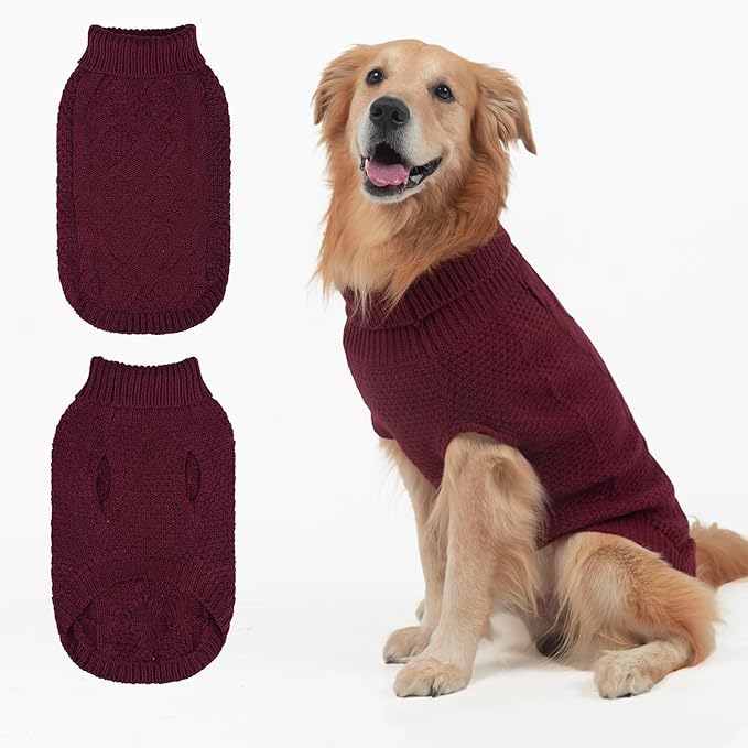 Mihachi Turtleneck Dog Sweater - Winter Coat Apparel Classic Cable Knit Clothes with Leash Hole for Cold Weather, Ideal Gift for Pet in New Year Wine Red ML