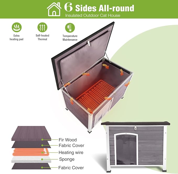 GUTINNEEN Extra Large Heated Dog House Outdoor Weatherproof Insulated Dog House XL Dog Kennel with Thermostat-Controlled Heating Pad, Thermal Liner, Chew-Proof Metal Frame for Large Dogs (Grey)