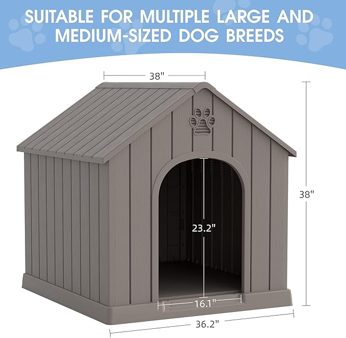 Large Dog House Outdoor Indoor, Durable Plastic Waterproof Doghouse with Air Vents and Elevated Floor, Easy Clean and Assemble for Medium Large Dogs (Classic Grey, 36.2''L×38''W×38''H)