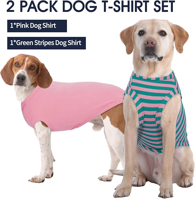 IECOii 2 Pack Dog T-Shirts,Stretchy & Comfortable Pet Summer Tank Top Clothes,Fade-Resistant, Easy to Put On – Machine Washable Tshirts for Medium Breeds Dogs,Pink+Stripes,XLarge