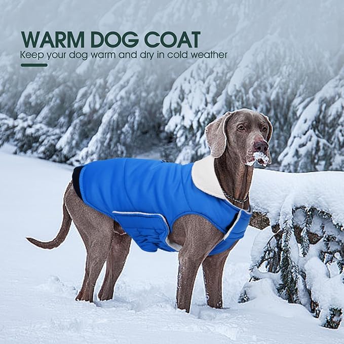 Kuoser Dog Coat Large, Cold Weather Reflective Waterproof Dogs Jacket with Warm Fleece Lining, Turtleneck Dog Winter Coat with Zipper, Doggy Snow Jacket Pet Coats for Small Medium Large Dogs, Blue XL