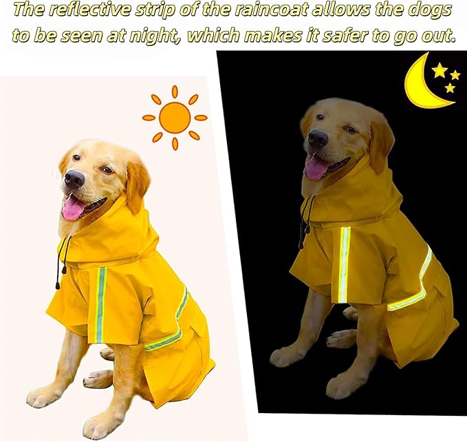 Reflective Strip Dog Raincoat, Ultra - Light Breathable Waterproof Rain Jacket with Hood, Adjustable Sizes for Small/Medium/Large Dogs, (XL)