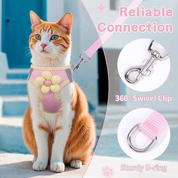 Cat Harness and Leash Set for Walking Escape Proof, Adjustable Kitten Harness Breathable Mesh with Reflective Strips Harness with Flower for Kitty Puppy Bunny Pink L
