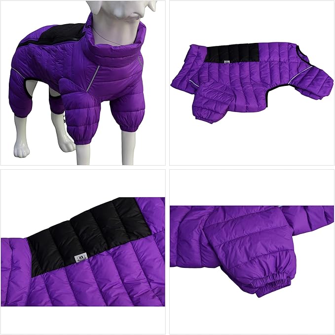 Dog Warm Jacket, 4 Legs Covered Waterproof Windproof Reflective Warm Vest, Zippered Adjustable Outdoor Snow Jacket for Small to XXL Dogs, Purple