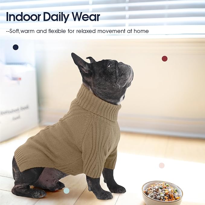 IECOii Dog Sweaters for Medium Dogs Girl Boy,Holiday Knit Doggy Sweatshirt with Sleeve,Turtleneck Thick Warm Dog Sweaters for Winter,Pullover Knitwear for French Bulldog,Boston Terrier (Camel, L)