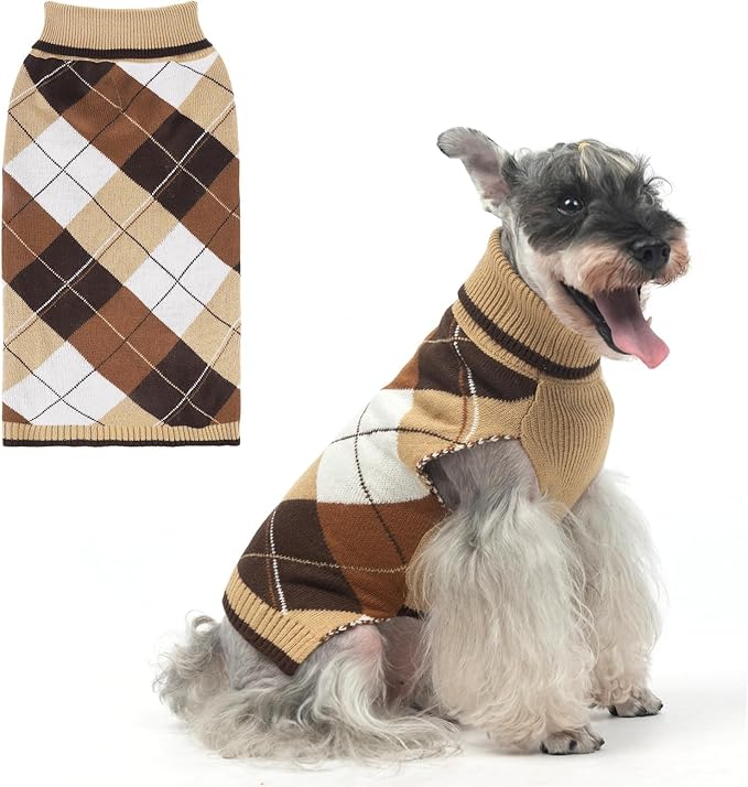 KOOLTAIL Dog Sweater Pet Knitted Clothes - Classic Plaid Pullover Turtleneck Thick Warm Fall Dog Sweaters with Leash Hole, Soft Winter Coats for Small Medium Large Dogs Cats Puppy Girls Boys, ML