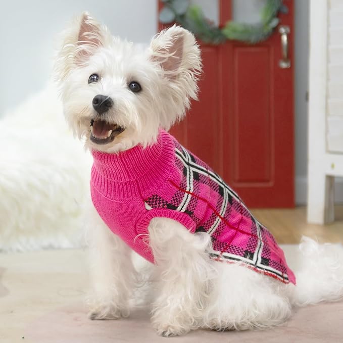 PUPTECK Dog Sweaters for Large Medium Small Dogs - Fall Classic Plaid Style Puppy Holiday Winter Coat Clothes Warm, Fuschia, XS