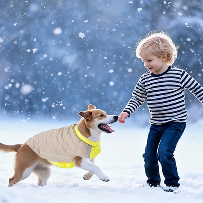 Quilted Dog Winter Coat, Plaid Lined Reversible Vest, Reflective Safety Strip, Cold Weather Pet Apparel Yellow M