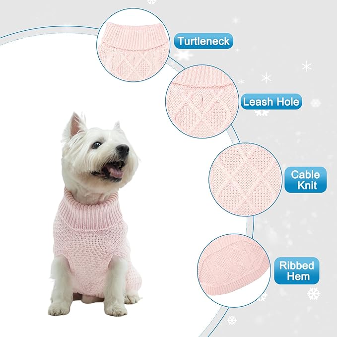 Mihachi Turtleneck Dog Sweater - Winter Coat Apparel Classic Cable Knit Clothes with Leash Hole for Cold Weather, Ideal Gift for Pet in New Year Rosy Small/Medium