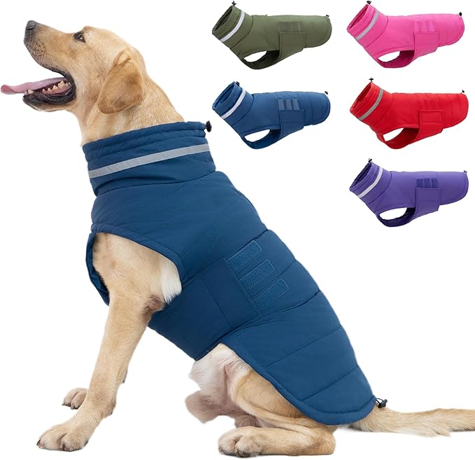 Dog Coat, Waterproof Winter Jacket, Warm Windproof Vest, Reflective Adjustable Turtleneck Coats for Large Dogs with Hook & Loop - Blue - XL