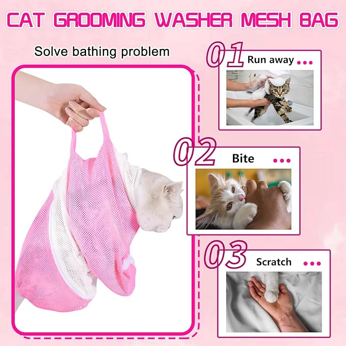 FANOVO Cat Bathing Bag, Anti-Scratch & Anti-Bite Adjustable Mesh Cat Shower Bag with Nail Clipper, Grooming Comb, Bath Brush & Nail File, Breathable Cat Washing Bag for Bathing, Nail Trimming