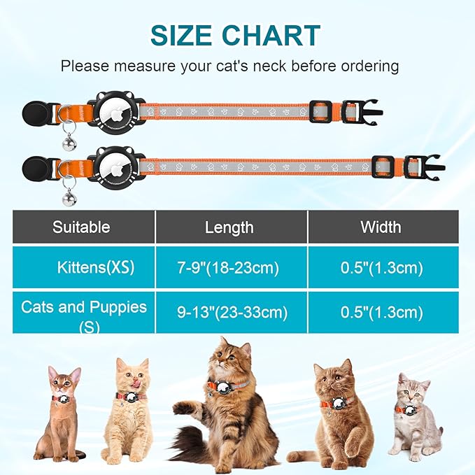 Airtag Cat Collar, Reflective Cat Collar with Apple Air Tag Holder, Breakaway GPS Tracker Pet Collar with Bell for Cat Kitten, Airtag Not Included, Orange, XS(7-9 Inch)