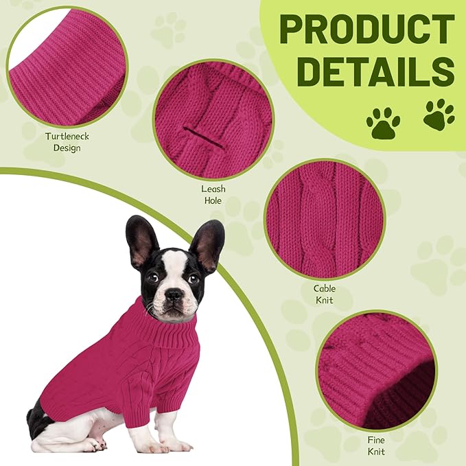 Small Dog Thermal Pullover Sweater, Classic Turtleneck Cable Knitwear Dog Clothes for Cold Weather Warm Pet Clothes for Chihuahua, Bulldog, Dachshund, Pug Hot Pink Medium