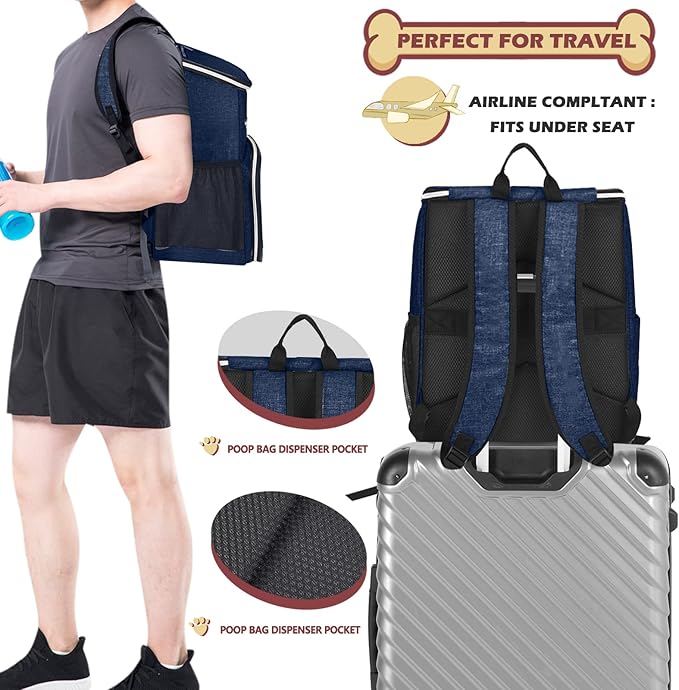 BAGLHER 丨Dog Travel Bag Backpack, Airline Approved Pet Supplies Backpack, Dog Travel Backpack With 2 Silicone Collapsible Bowls and 2 Food Baskets Dark Blue
