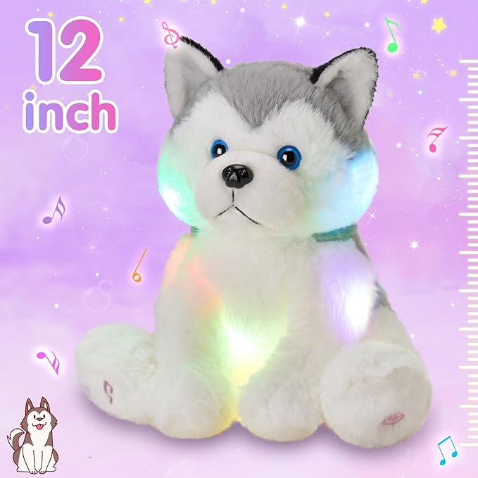Houwsbaby 12'' Gray Light Up Musical Stuffed Animal Husky Singing LED Dog Glowing Plush Toy Lullaby Animated Soothe Birthday Festival Present for Kids Toddler Girls