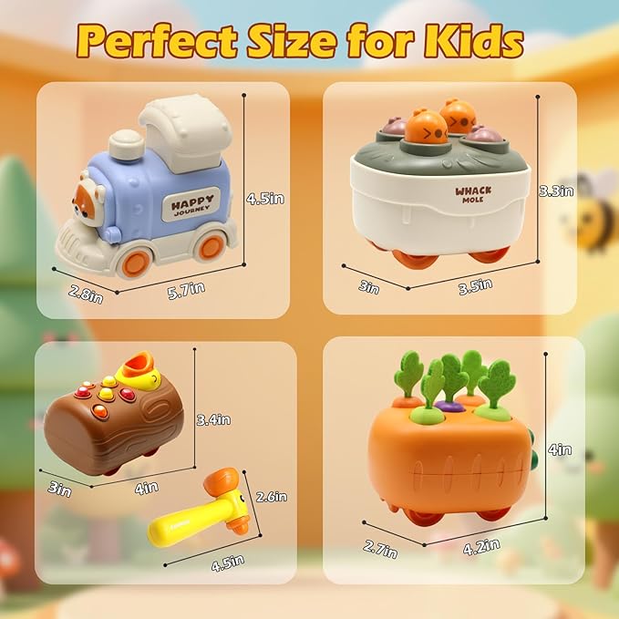 Press and Go Toddler Car Toys, Baby Push Car with Whack-A-Mole, Woodpecker Worm, Carrot Harvest Game, Train Toys for Toddlers 3-5, Racing Truck Toy, Kids Sensory Learning Birthday