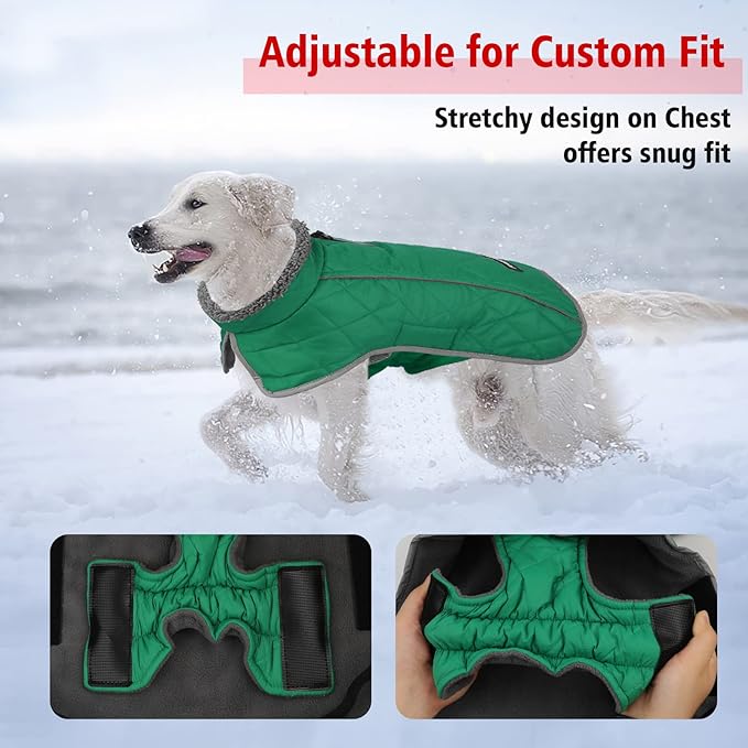 Fragralley Dog Coat Large, Waterproof Dog Jacket with Warm Fleece Lining, Adjustable Reflective Dogs Winter Coat, Turtleneck Pet Coats for Cold Weather (Green XL)
