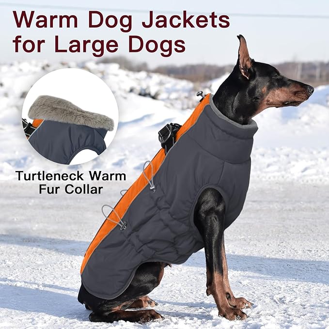 Dog Winter Jacket - Large, Warm Zip Up Snowsuit Dog Harness Vest, Reflective, Water-Resistant, Orange-Gray