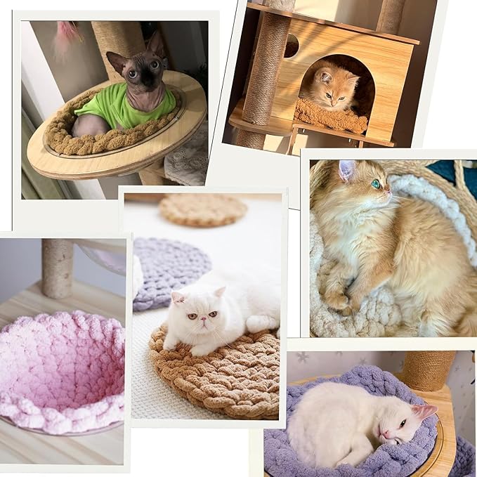 Cat Knitted Bed Mat, Extra-Soft Washable Warm Round Pads Cushions for Indoor Kittens, Cat Trees Towers, Perfect for Kneading and Sleeping (Oatmeal,Small)