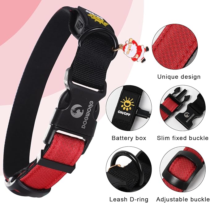 DOGWONG LED Dog Collar - Heavy Duty Light up Collars - Rechargeable Waterproof - Lighted Dog Collar for Night Walking, Hiking, Camping(Red,M)