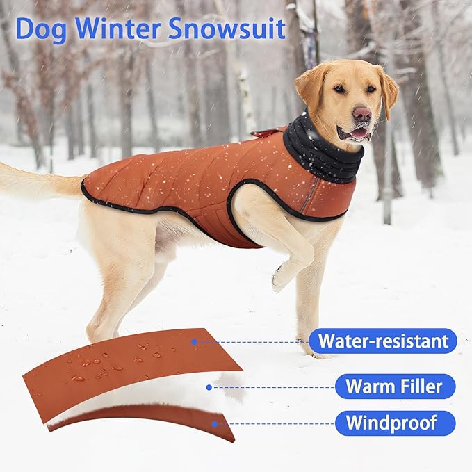 MIGOHI Lightweight Dog Coat, Windproof Dog Jacket, Puffer Jacket for Medium Dogs, Padded Vest with Reflective Strips, Warm Snow Vest in Cold Weather, Easy On Hook & Loop Belly, Caramel, L
