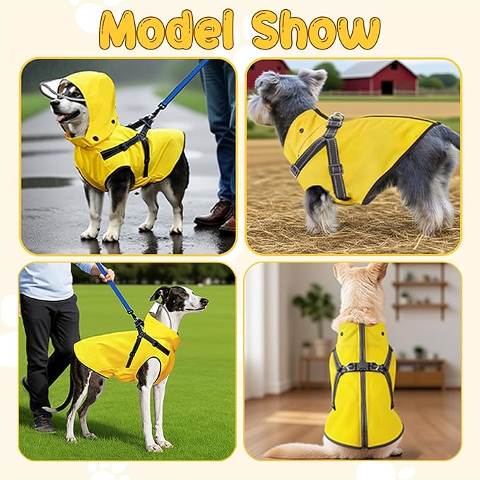 Dog Raincoat: Dog Rain Jacket with Reflective Harness & Removable Hood | Waterproof Dogs Rain Coat Poncho for Large Medium Small Dogs Puppies (Yellow - L)