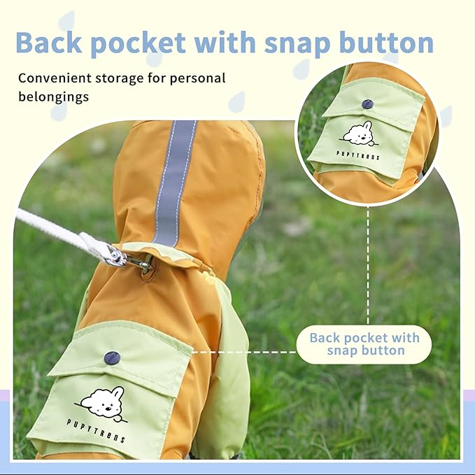 Dog Raincoat with Transparent Hood, Waterproof Jacket for Small Dogs with Snap-Button Chest, Leash Hole & Hook-and-Loop Cuffs Sleeves, Back Pocket for Treats (Yellow, Large)