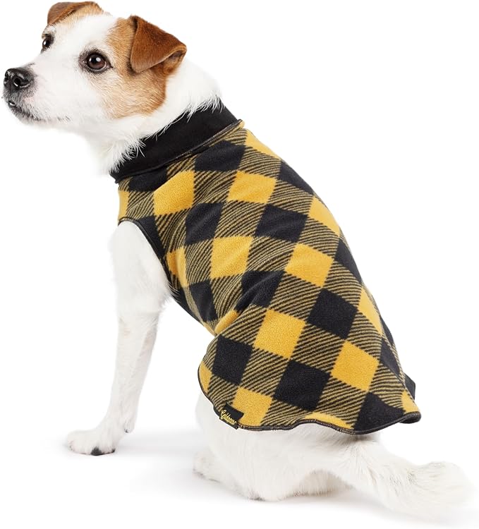Goldpaw Duluth Double Fleece Dog Sweater Vest for Large Dogs - Soft, Stretchy Dog Fleece - Warm Pet Jacket for Fall and Winter - Pet Outerwear - Machine Washable - Gold Buffalo Check/Black - Size 26