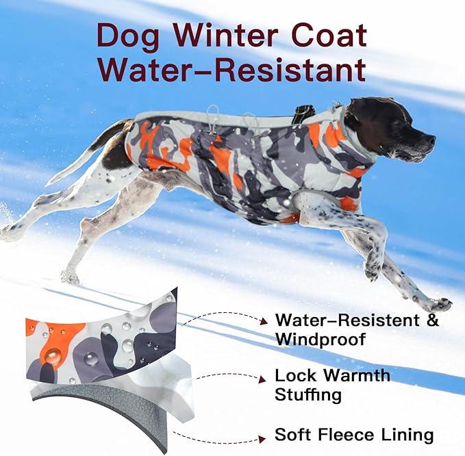 Dog Coat for Large Dogs, Dog Winter Jacket-X Large Warm Dog Coat with Harness Reflective Dog Vest Water-Resistant Dog Snowsuit Dog Snow Jacket for Large Dogs Beagle, Corgi, Orange-Camouflage