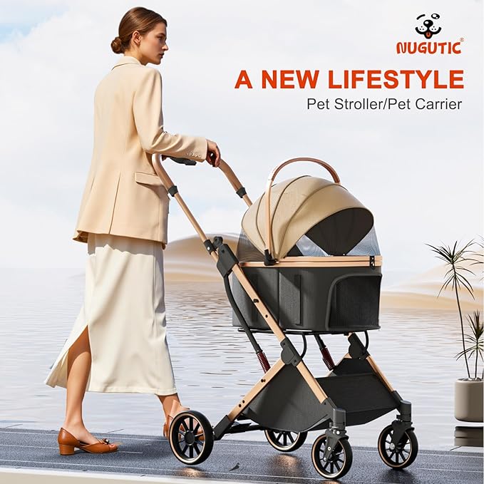 Dog Stroller with 4 Wheels, Folding Pet Stroller for Small, Medium Dogs and Cats up to 50lbs, Detachable Carrier, Storage Basket, Car Seat 3 in 1 Multifunctional (Brown‌)