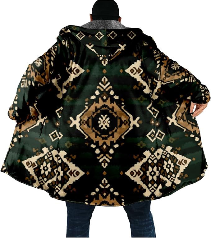 Mens Aztec Print Hoodie Heavyweight Cotton Fleece Jacket Zip Up Warm Long Sleeve Hooded Winter Midi Coat