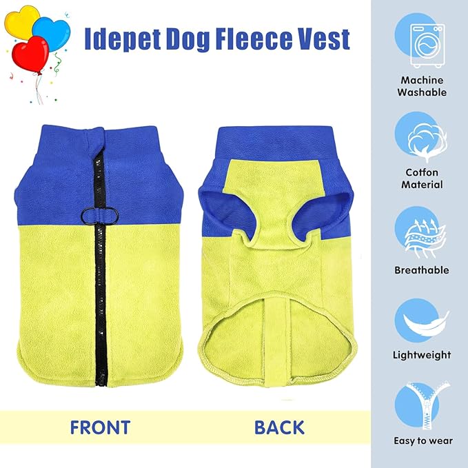 Idepet Dog Fleece Vest Sweater Zip Up Warm Pullover Dogs Jacket with D-Ring Leash Winter Cold Weater Coat Pet Sweatershirt Clothes Hoodie for Small Medium Dogs Boy Girl (Blue/Green, XL)