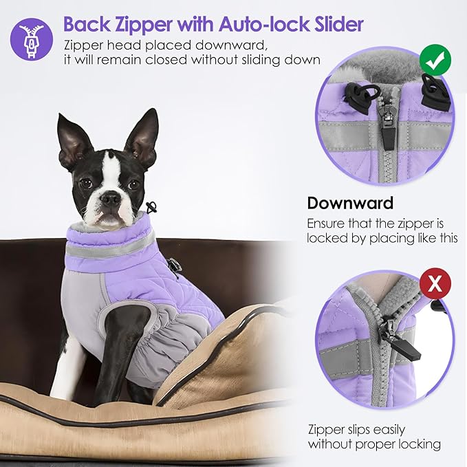 AOFITEE Dog Coat, Warm Dog Jackets for Large Dogs, Reflective Turtleneck Dogs Winter Coat with Harness Built in, Waterproof Windproof Pet Snow Jacket Fleece Vest for Cold Weather, Lilac XXL
