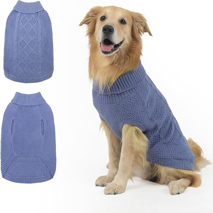 Mihachi Turtleneck Dog Sweater - Winter Coat Apparel Classic Cable Knit Clothes with Leash Hole for Cold Weather, Ideal Gift for Pet in New Year Grayish Blue ML