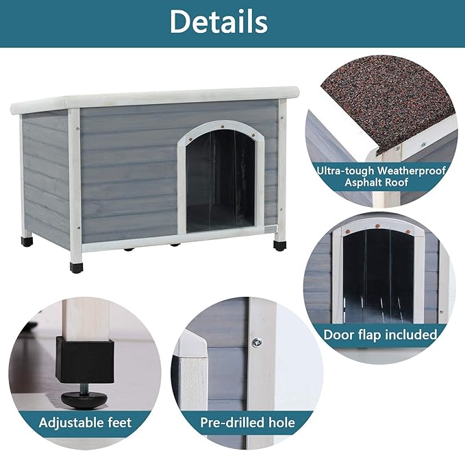 Petsfit Large Dog House, Wooden Outdoor Dog Kennel w/Hinged Roof, Weatherproof Dog Houses for Small Dogs Outside w/Adjustable Foot Pads, 33.7" L X 22.6" W X 23" H, Grey