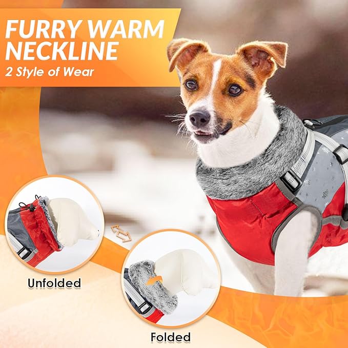 SlowTon Dog Jacket with Harness Built in - Waterproof Fleece Winter Warm Dog Coats for Small Medium Dogs, Reflective Adjustable Furry Puppy Vest Clothes for Outdoor Walking (Red & Black,S)
