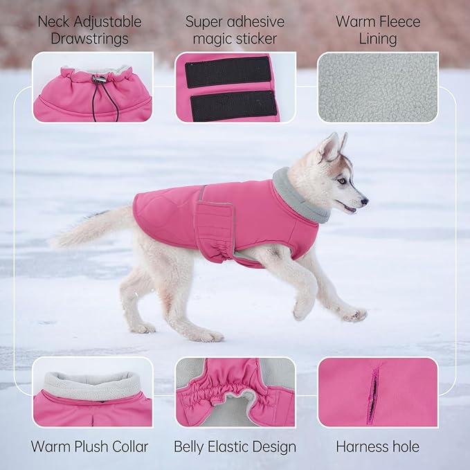 BRKURLEG Dog Winter Jacket, Warm Dog Winter Coats for Small and Medium Large Dogs, Reflective Adjustable Pet Cold Weather Coats, Waterproof Dogs Snow Jacket Clothes Fleece Vest (S, Rose Red)