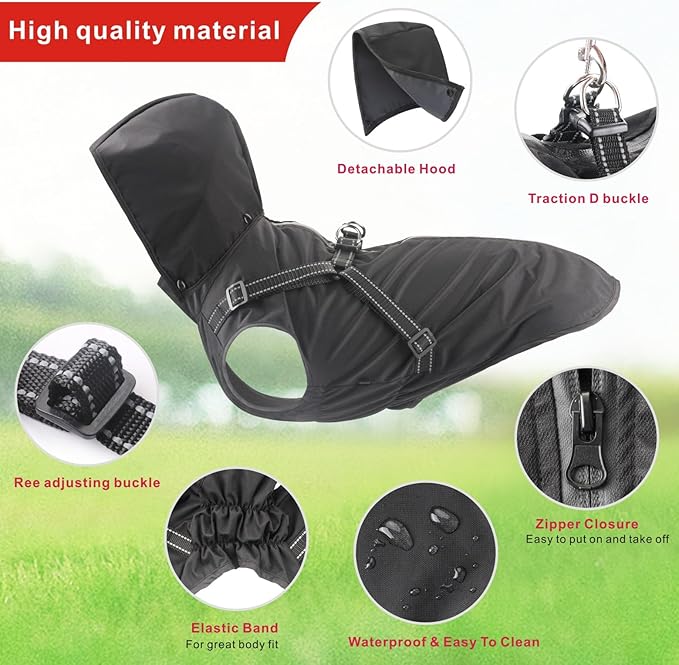 Mosucoirl Dog Raincoat Waterproof Dog Hoodie Reflective Dog Raincoat Hooded Adjustable Rain Jacket for Small Medium Large Dogs Puppies (Black, XXL)