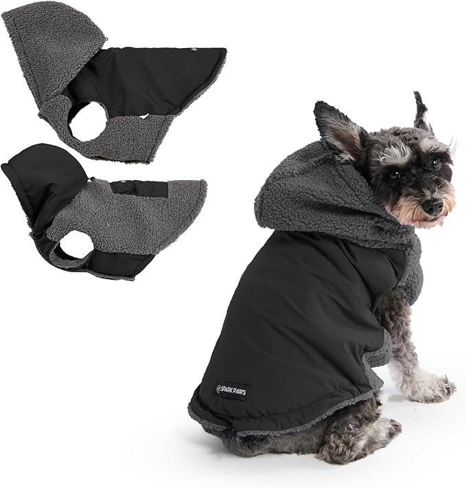 Spark Paws Reversible Dog Sweater, Sherpa Vest with Warm Fleece Lining, Warm Coat for Winter, Suitable for Small Medium, Large, XL XXL Dogs - Black and Grey - M