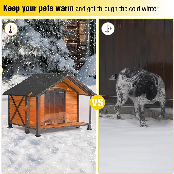 AIVITUVIN Outdoor Heated Dog House with Heating Pad Insulated Dog House with Anti-Chewing Metal Frame Large Dog Kennel Weatherproof for Winter 40.6“L