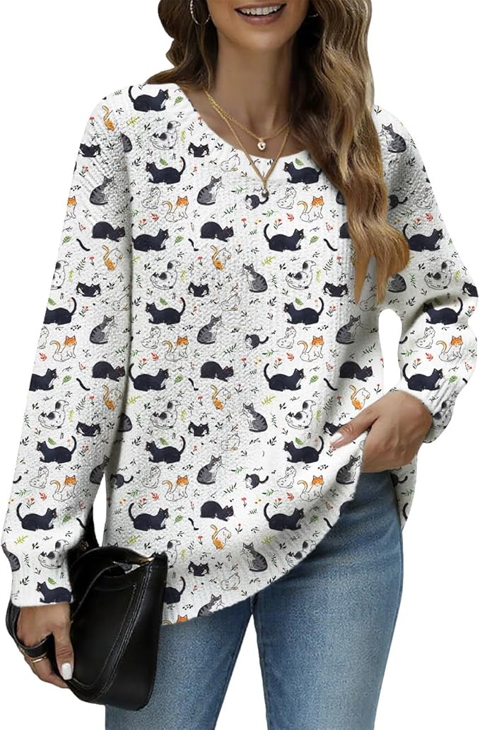 Women's Cat Printed Sweater Oversized Cable Knit Long Sleeve Christmas Clothes Casual Autumn Winter Fashion Tops