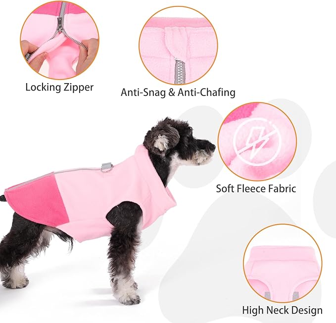 KOOLTAIL Dog Fleece Vest Sweater, Zip Up Step-in Pullover Warm Puppy Jacket with Dual Leash D-Ring for Small Medium Dogs, Cozy Soft Pet Winter Cold Weather Coats Fall Clothes Hoodie Boy Girl, Pink S
