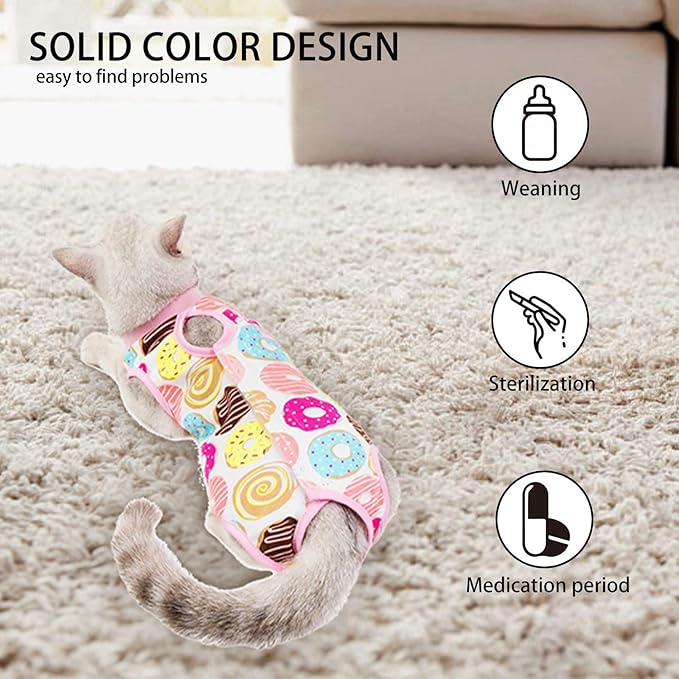 Cat Professional Surgical Recovery Suit,E-Collar Alternative for Cats Dogs,After Surgery Wear, Pajama Suit,Home Indoor Pets Clothing Doughnut L