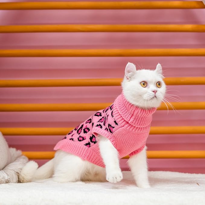 Mihachi Winter Warm Cat Sweater Turtleneck Puppy Pets Sweater Knit Vest Fashion Leopard for Cats Puppy Small Animals Pink Medium