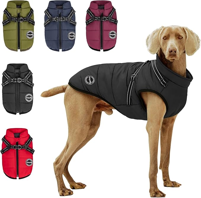 Warm Winter Coat, Waterproof Windproof Jacket, Reflective & Adjustable Black Pet Vest with Harness, Thick Polar Fleece Lining Cozy Apparel for Small Medium Dogs & Cats