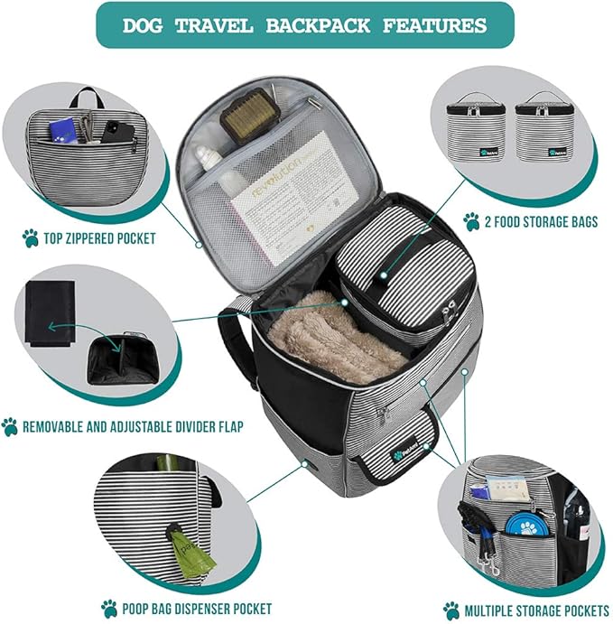 PetAmi Dog Travel Bag Backpack, Airline Approved Dog Bags for Traveling, Puppy Diaper Bag Supplies, Pet Camping Essentials Hiking Accessories Gift, Food Container, Collapsible Bowls, Stripe Black