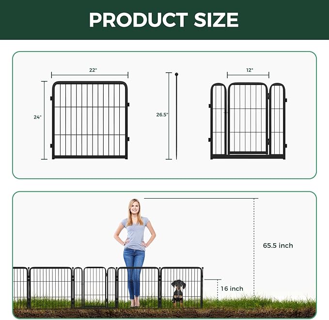 FXW Garden Fence Outdoor for The Yard – 24in(H) x 11.4ft(L) Heavy Duty Metal Animal Barrier for Dog and Rabbit, Decorative Dog Fence, 6 Panels, Black